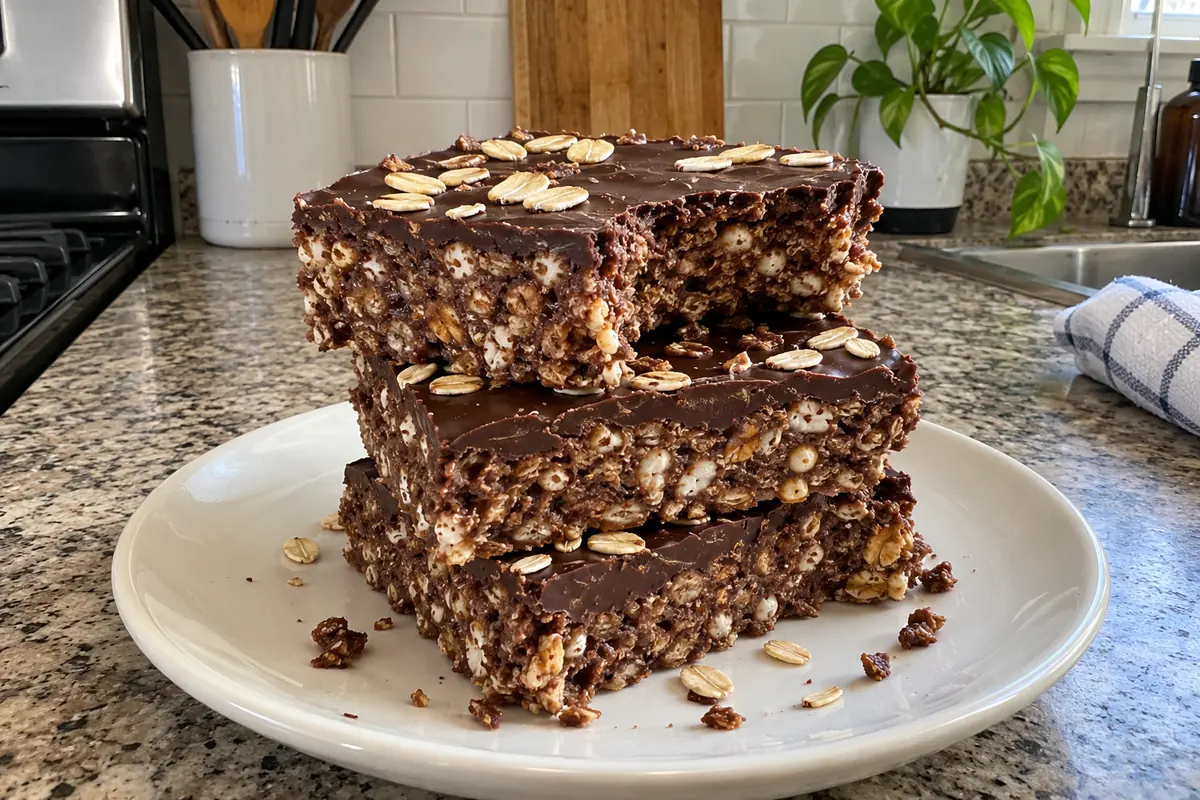 Stack of three greek yogurt brownie crunch bars on a small plate with a bite taken from the top bar