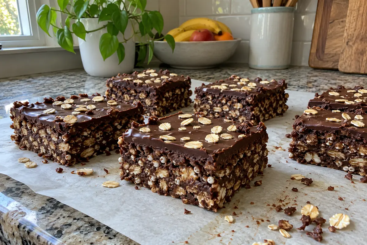 Thick no-bake peanut butter Greek yogurt brownie crunch bars with a glossy dark chocolate top and rolled oats on parchment