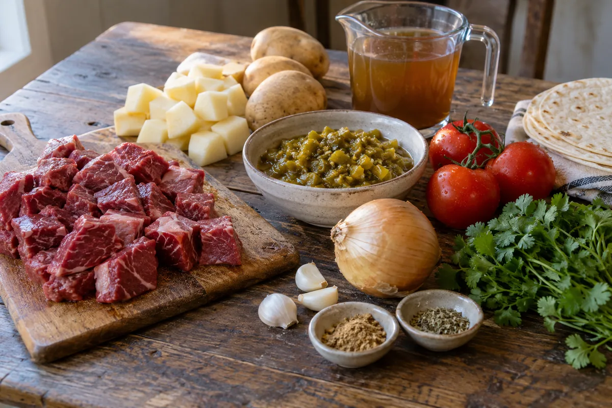 Ingredients for green chile stew laid out on a table: beef cubes, potatoes, roasted green chiles, tomatoes, onion, garlic, beef broth, cumin and oregano