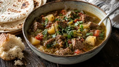 Bowl of green chile stew with steak chunks, potatoes and roasted green chiles on a dark wooden table beside warm tortillas