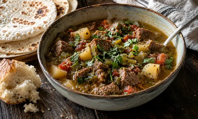 Bowl of green chile stew with steak chunks, potatoes and roasted green chiles on a dark wooden table beside warm tortillas