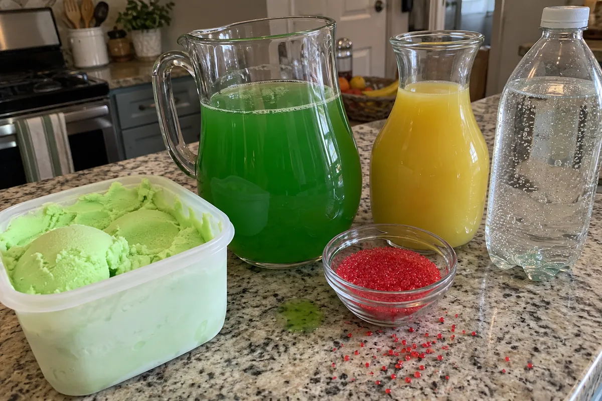 Ingredients for Grinch punch on a kitchen counter in plain containers: lime sherbet, green fruit punch, pineapple juice, lemon-lime soda and red sugar crystals