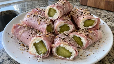 A white plate stacked with ham and cream cheese pickle roll-ups showing green pickle centers and a cream cheese ring, sprinkled with black pepper