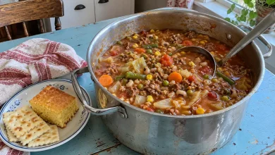 Pot of hamburger country vegetable soup with ground beef, cabbage, mixed vegetables and black-eyed peas in tomato broth
