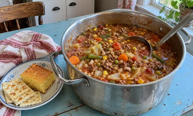 Pot of hamburger country vegetable soup with ground beef, cabbage, mixed vegetables and black-eyed peas in tomato broth