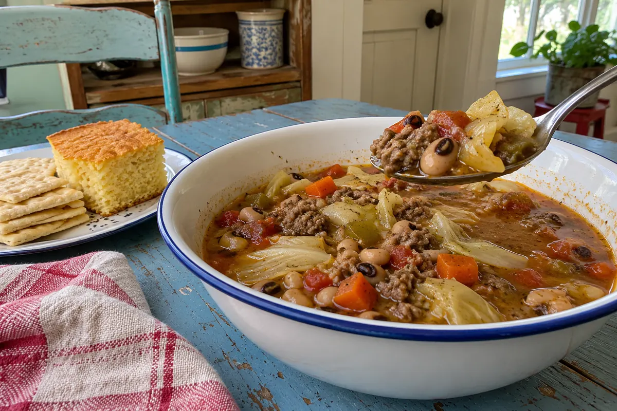 Bowl of hamburger country vegetable soup served with cornbread and crackers