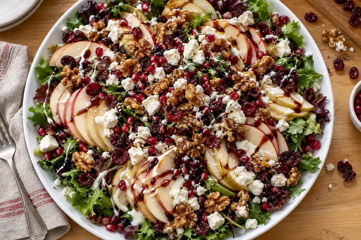 Harvest apple pear cranberry salad on a white platter with shingled fruit slices, greens, feta, candied walnuts, pomegranate arils and balsamic glaze