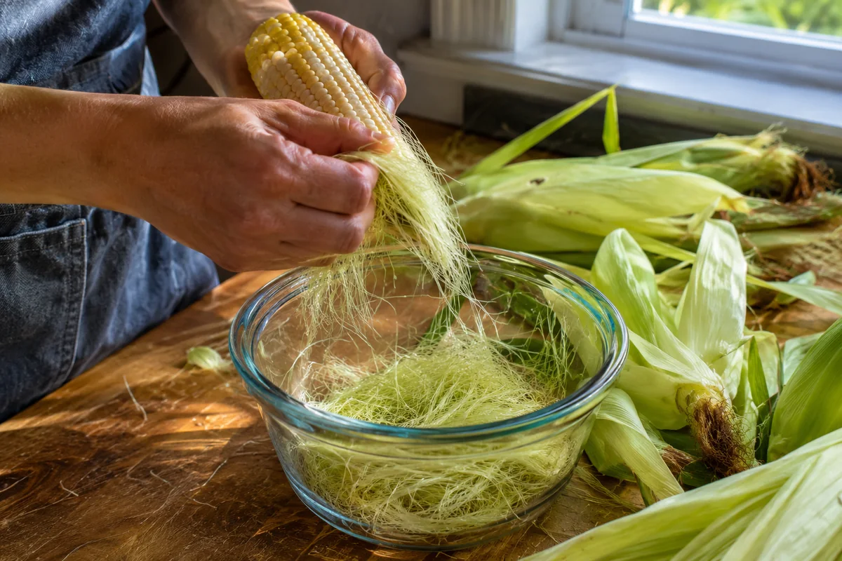 Hands pulling pale yellow corn silk from a fresh ear of corn into a glass bowl on a wooden counter