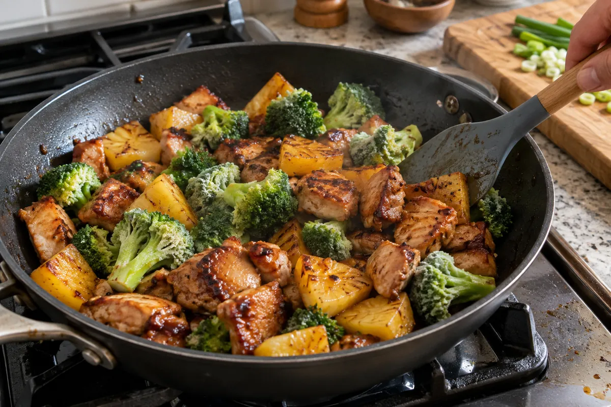 Glazed chicken and pineapple chunks browning in a non-stick skillet with a silicone spatula while making a Hawaiian chicken rice bowl