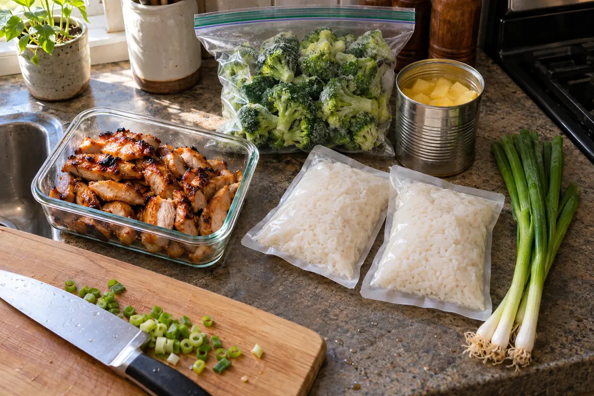 Ingredients for a Hawaiian chicken rice bowl on a kitchen counter: cooked glazed chicken, rice pouches, frozen broccoli, pineapple chunks and green onions