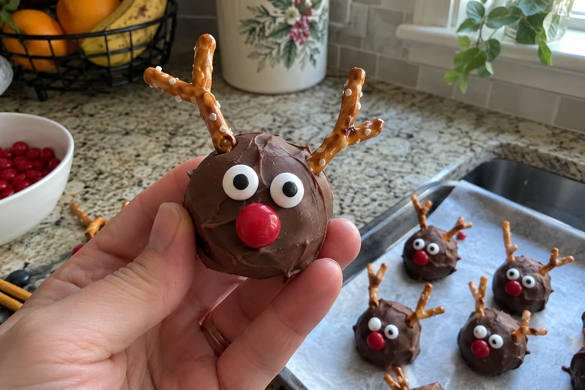Close-up of one chocolate caramel reindeer held in a hand