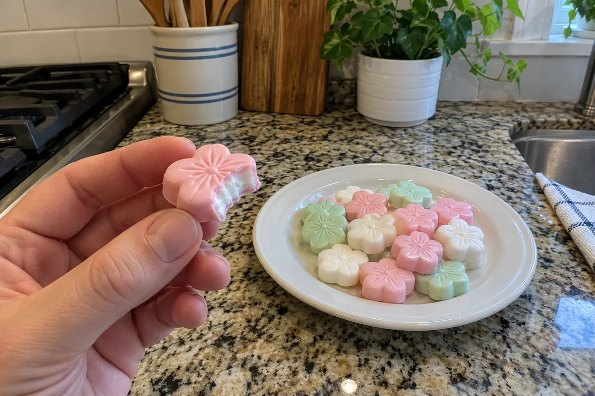 Hand holding a soft Christmas peppermint with a bite taken out showing the creamy inside