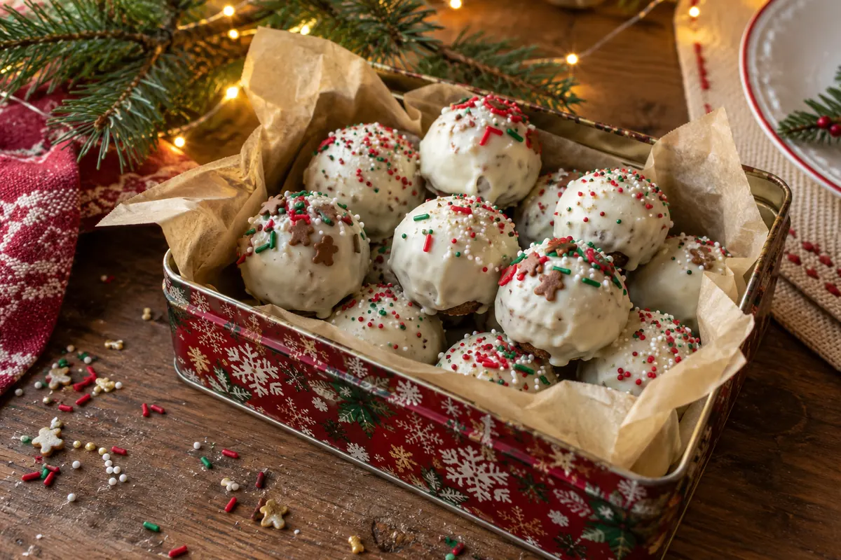 Gift tin of white-coated gingerbread truffles with holiday sprinkles on a festive table