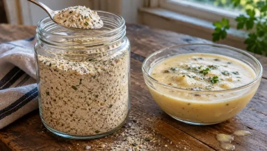 Wide-mouth glass jar of beige homemade cream soup mix with a spoon lifting a scoop and a small bowl of creamy soup on a wooden table