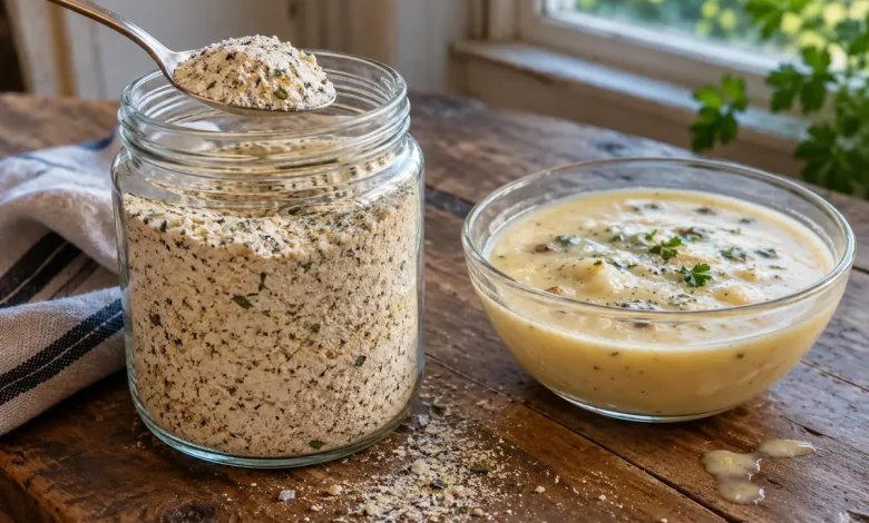Wide-mouth glass jar of beige homemade cream soup mix with a spoon lifting a scoop and a small bowl of creamy soup on a wooden table