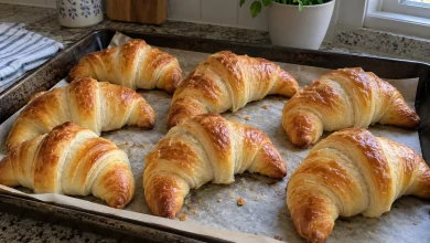 Dark baking sheet of golden baked homemade crescent rolls on a kitchen counter