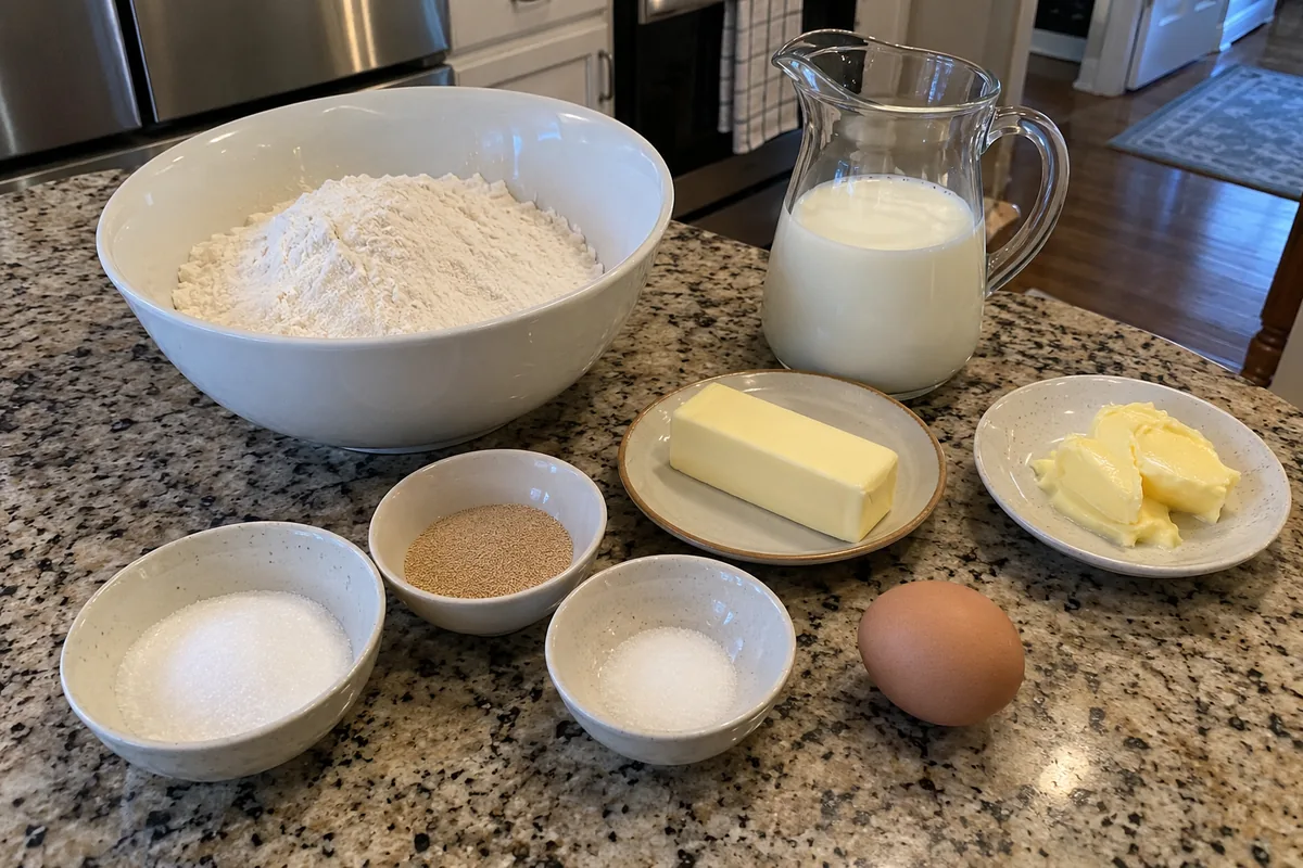 Ingredients for homemade crescent rolls in plain bowls: flour, yeast, sugar, salt, milk, butter and an egg