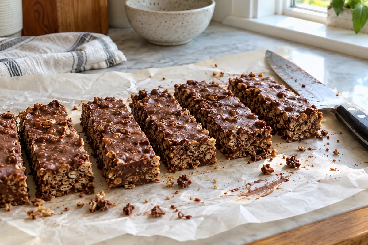 Homemade crunch bars cut and laid out flat on parchment paper after chilling