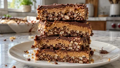 Stack of four homemade crunch bars showing crisp rice texture on a plate on a marble counter