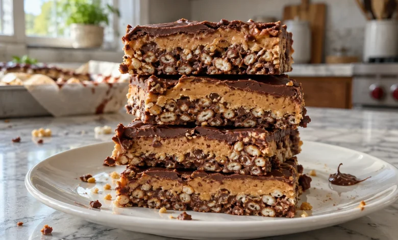 Stack of four homemade crunch bars showing crisp rice texture on a plate on a marble counter