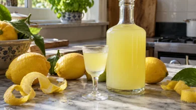 Frosted stemmed glass and a plain glass bottle of cloudy pale-yellow homemade limoncello with whole lemons and lemon peel curls on a kitchen counter