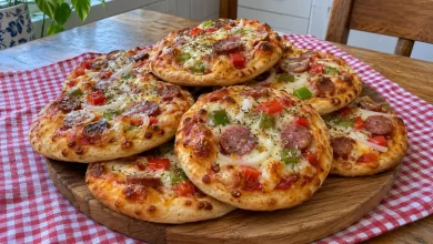 A pile of golden homemade mini pizzas with melted cheese, sausage, peppers and oregano on a round wooden board