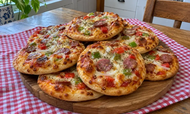 A pile of golden homemade mini pizzas with melted cheese, sausage, peppers and oregano on a round wooden board
