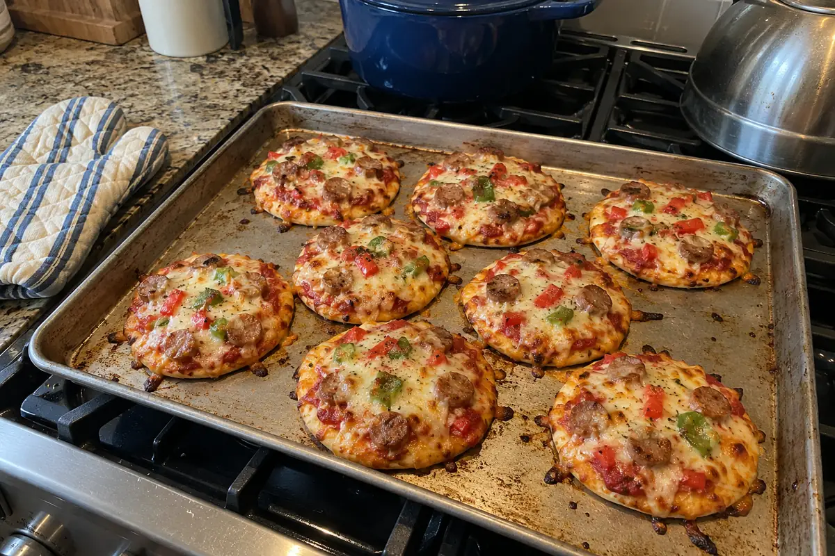 A sheet pan of freshly baked homemade mini pizzas on a home stovetop