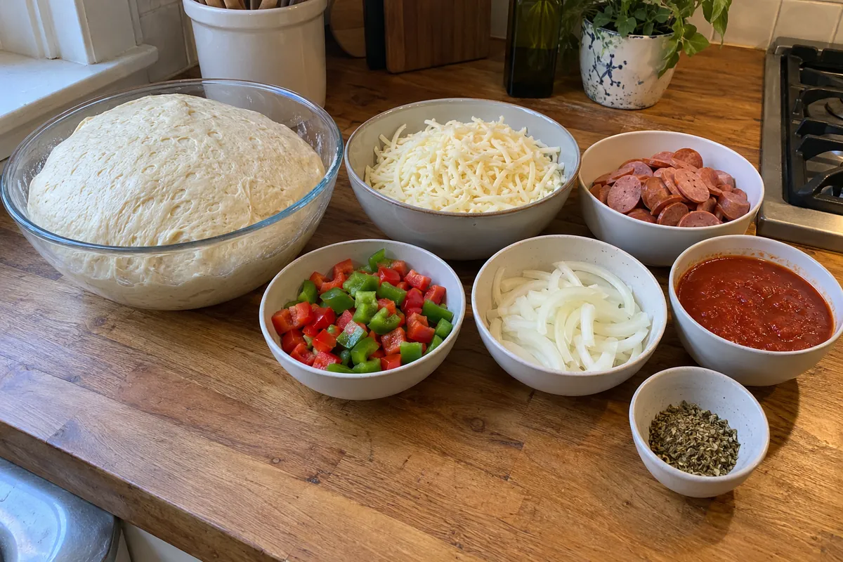 Ingredients for homemade mini pizzas: risen dough, shredded mozzarella, sliced sausage, diced peppers, sliced onion, pizza sauce and dried oregano