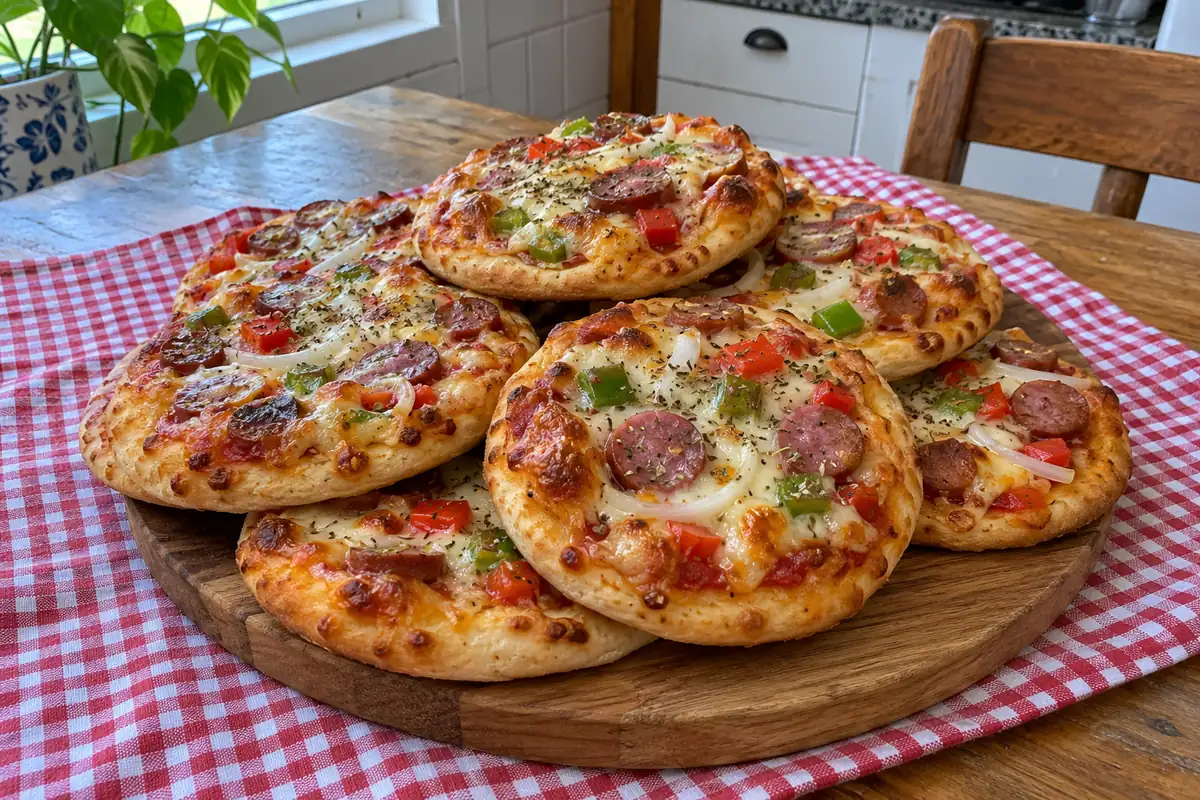 A pile of golden homemade mini pizzas with melted cheese, sausage, peppers and oregano on a round wooden board