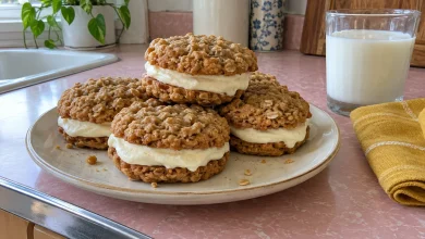 Stack of homemade oatmeal cream pies with thick vanilla buttercream filling between soft cinnamon oatmeal cookies