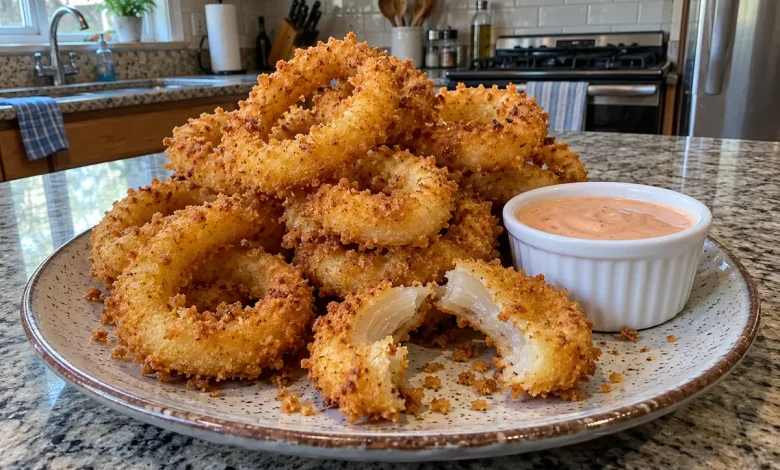 A tall pile of golden, crunchy homemade onion rings on a speckled stoneware plate with a ramekin of creamy pink dipping sauce