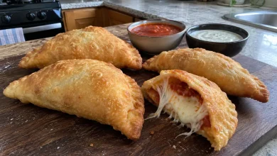 Four golden half-moon fried homemade panzerotti on a dark wooden board, one cut open showing stretchy mozzarella and red sauce, with two small dipping bowls behind