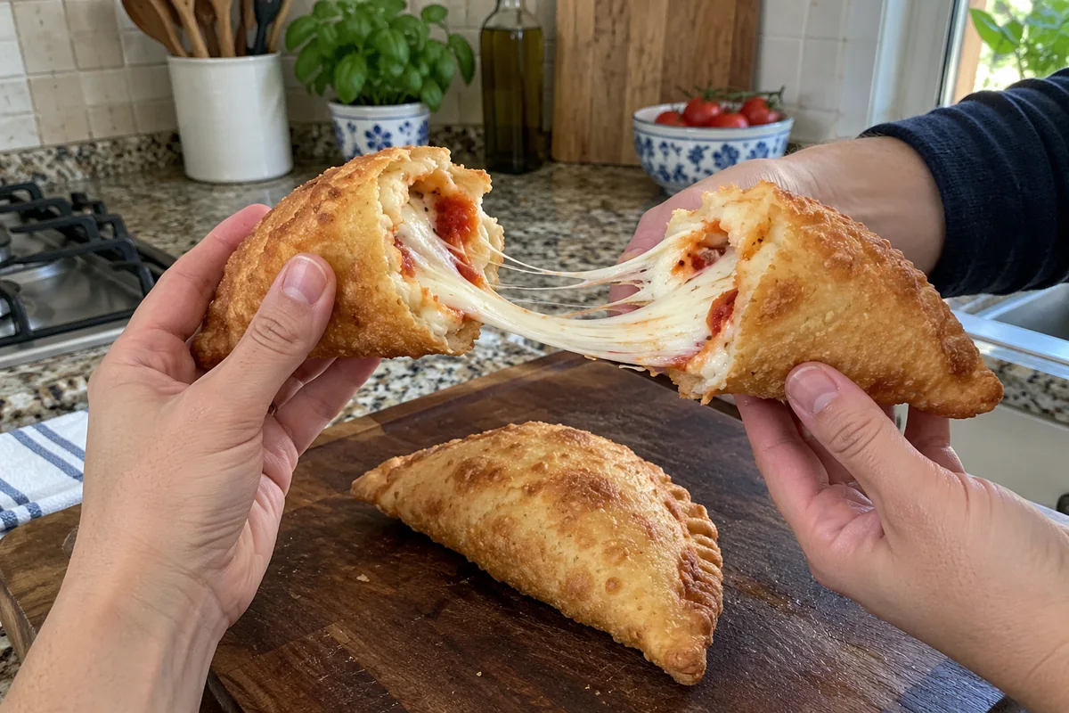 Cheese pull from a torn-open homemade panzerotto with melted mozzarella stretching between the pieces