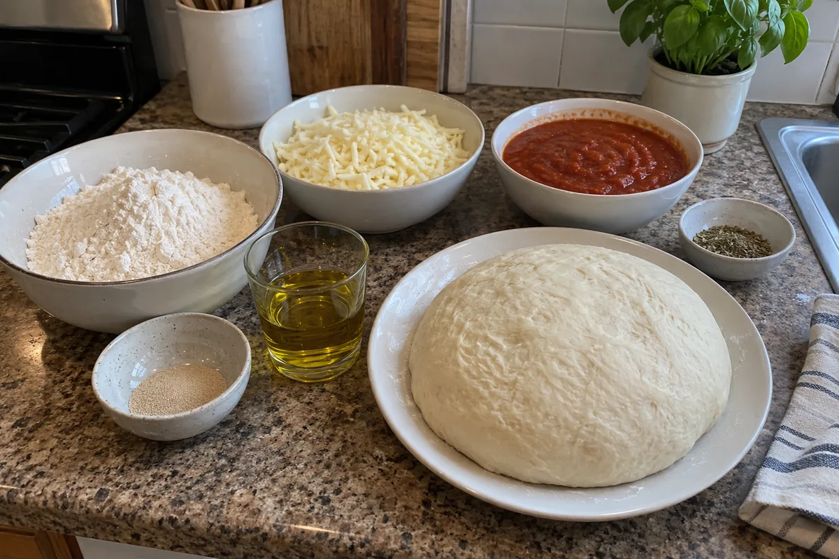 Ingredients for homemade panzerotti: flour, yeast, olive oil, shredded mozzarella, tomato sauce in a plain bowl, oregano and a ball of risen dough