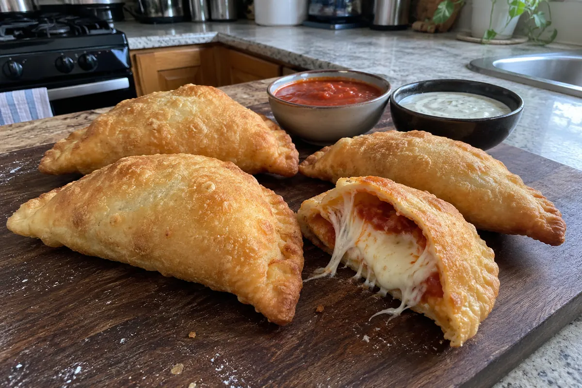 Four golden half-moon fried homemade panzerotti on a dark wooden board, one cut open showing stretchy mozzarella and red sauce, with two small dipping bowls behind