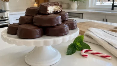 Homemade peppermint patties coated in chocolate on a white cake stand, one bitten to show the creamy white peppermint center