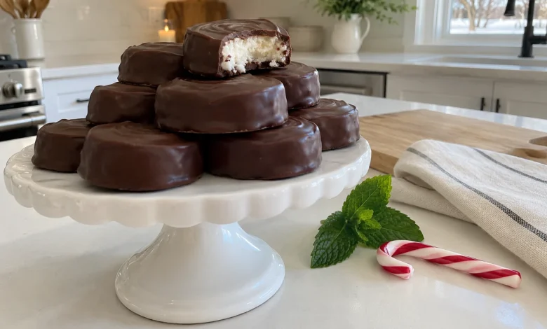 Homemade peppermint patties coated in chocolate on a white cake stand, one bitten to show the creamy white peppermint center