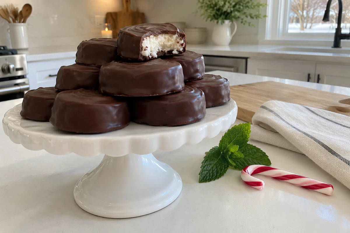 Homemade peppermint patties coated in chocolate on a white cake stand, one bitten to show the creamy white peppermint center