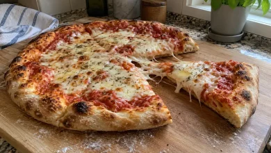 Baked homemade pizza with tomato sauce and melted mozzarella on a board with a slice pulled