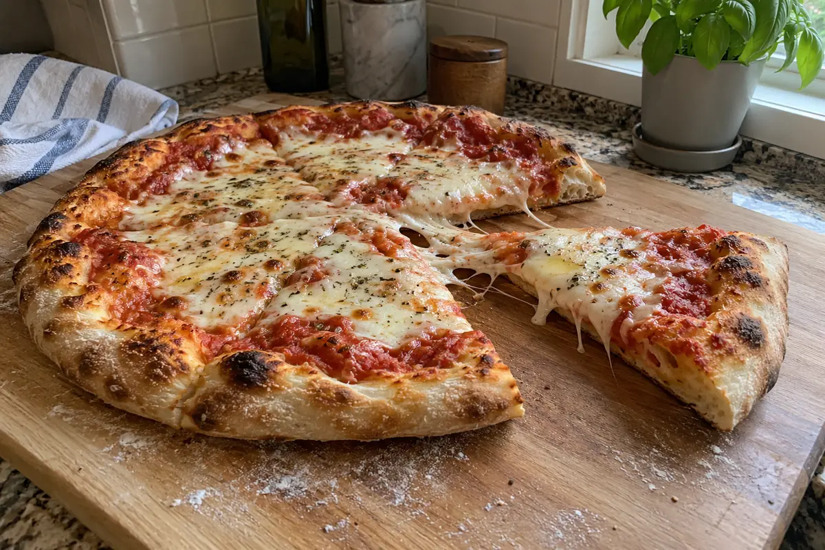 Baked homemade pizza with tomato sauce and melted mozzarella on a board with a slice pulled
