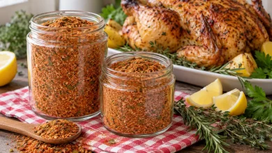 Two glass jars of reddish-orange KFC-style seasoning on a gingham napkin with a roast chicken on a white plate, lemon wedges and herb sprigs