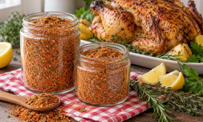 Two glass jars of reddish-orange KFC-style seasoning on a gingham napkin with a roast chicken on a white plate, lemon wedges and herb sprigs