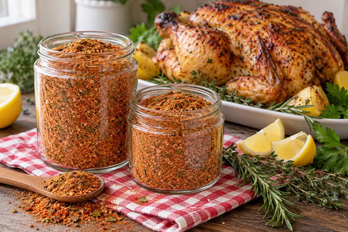 Two glass jars of reddish-orange KFC-style seasoning on a gingham napkin with a roast chicken on a white plate, lemon wedges and herb sprigs