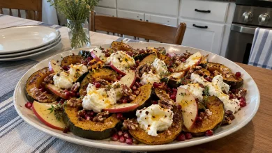 Platter of honey roasted acorn squash half-moons topped with torn burrata, apple slices, pecans, pomegranate and thyme
