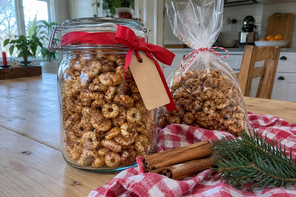 Hot buttered cereal packed in a glass jar tied with ribbon as a homemade Christmas gift
