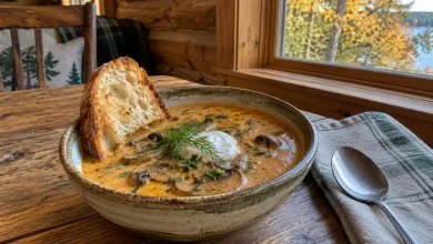 A ceramic bowl of Hungarian mushroom soup with browned mushroom slices, sour cream, dill and a toasted bread slice on a rustic cabin dining table by a window