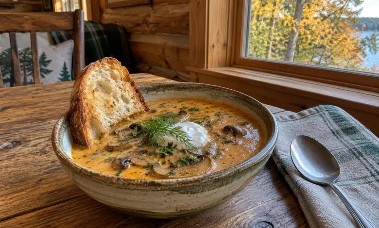 A ceramic bowl of Hungarian mushroom soup with browned mushroom slices, sour cream, dill and a toasted bread slice on a rustic cabin dining table by a window