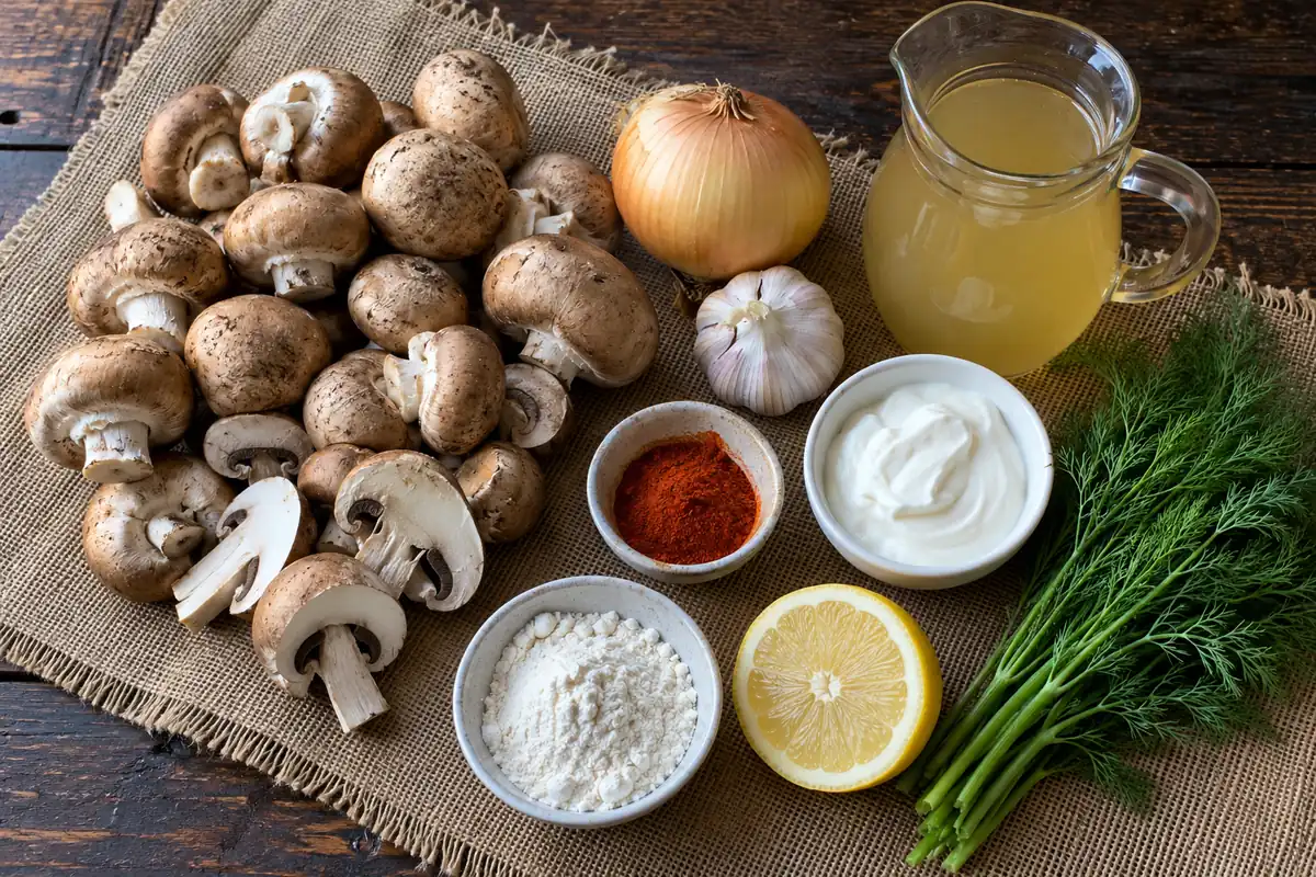 Ingredients for Hungarian mushroom soup: mushrooms, onion, garlic, paprika, dill, sour cream, broth and flour on a dark rustic wooden table