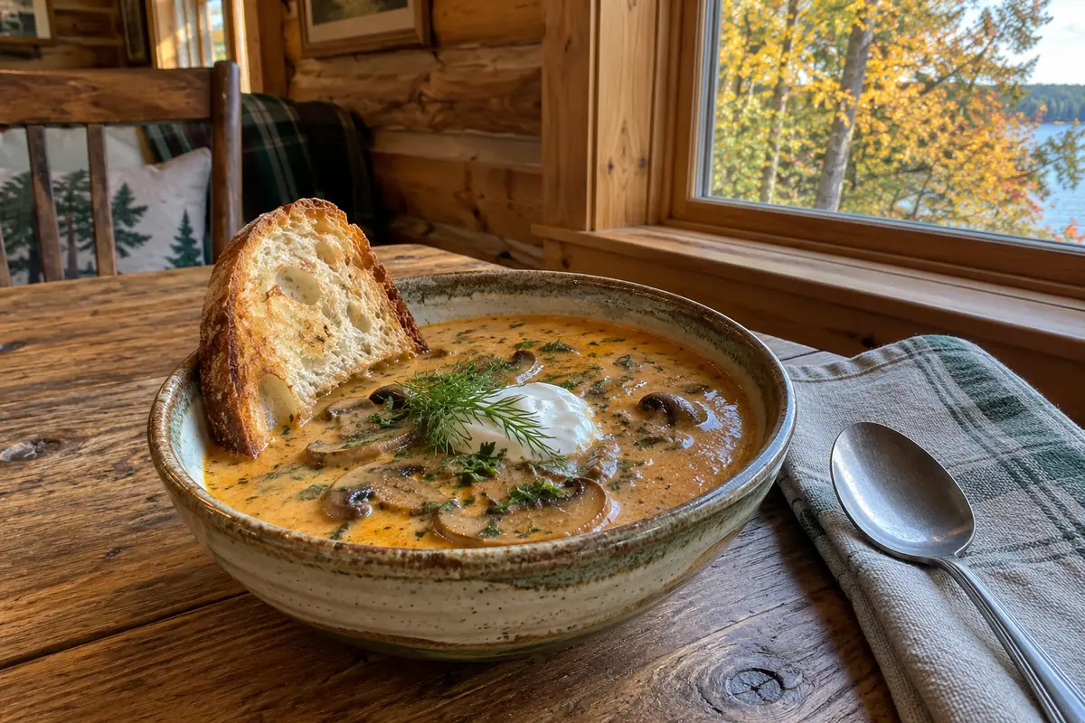 A ceramic bowl of Hungarian mushroom soup with browned mushroom slices, sour cream, dill and a toasted bread slice on a rustic cabin dining table by a window